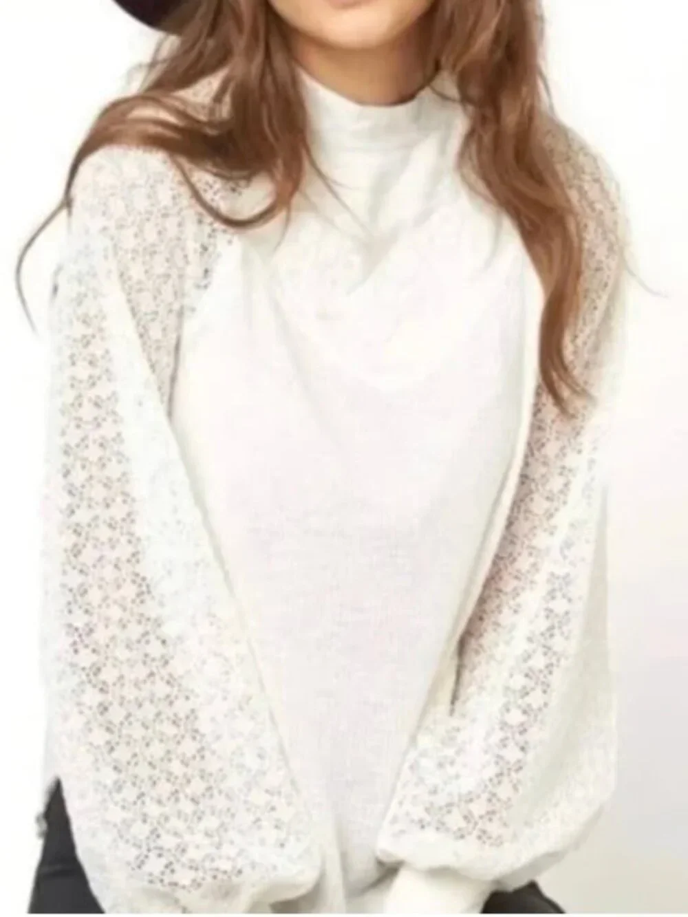 Free People Sweetest Thing Top S Ivory Lace Sleeve Thermal Knit Boho Romantic
